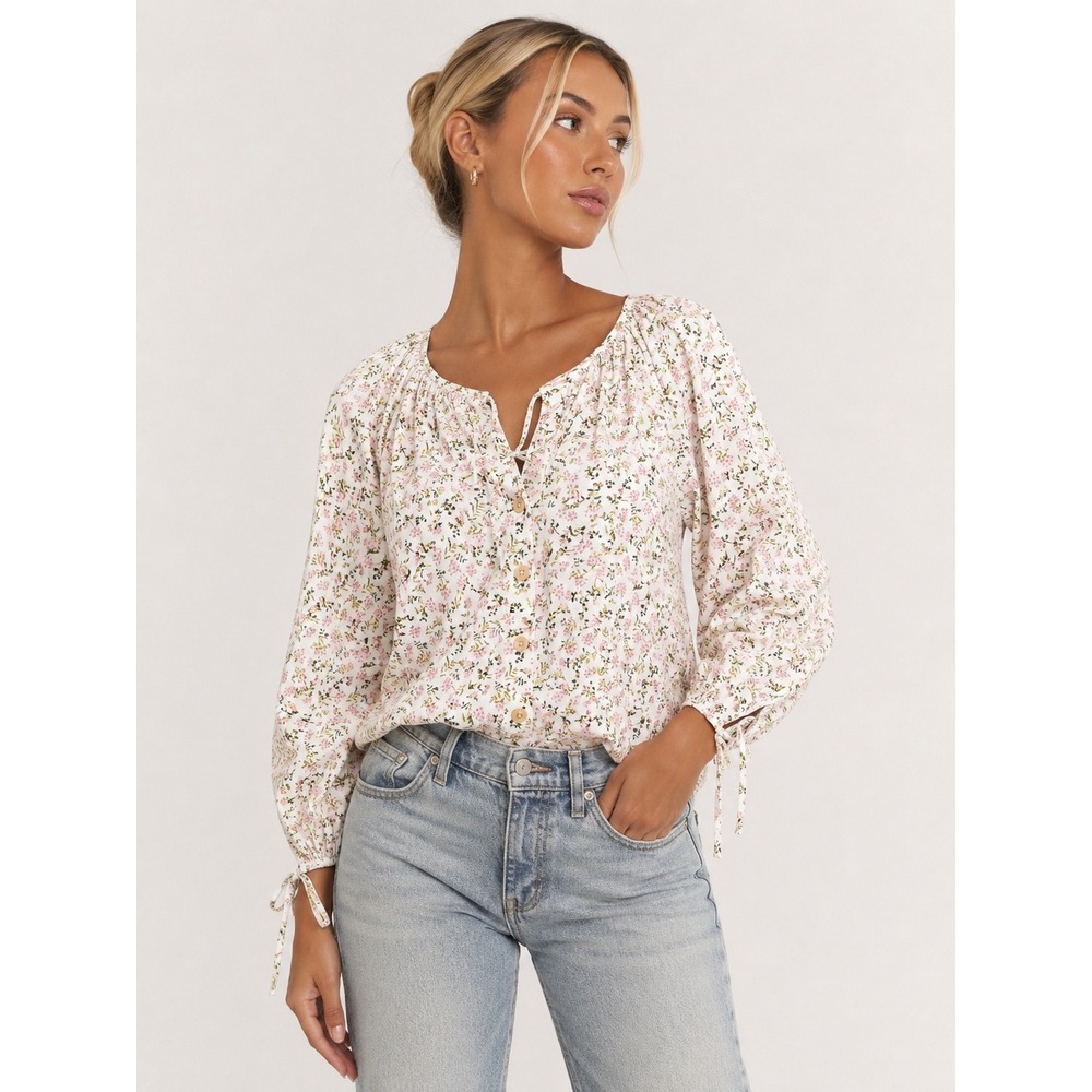 J. Crew Re-Imagined 100% Cotton Ivory Pink Floral Tie Neck Blouse Top XS NWOT